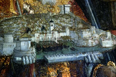 Die ummauerte Stadt getragen von St. Blasius (Detail)